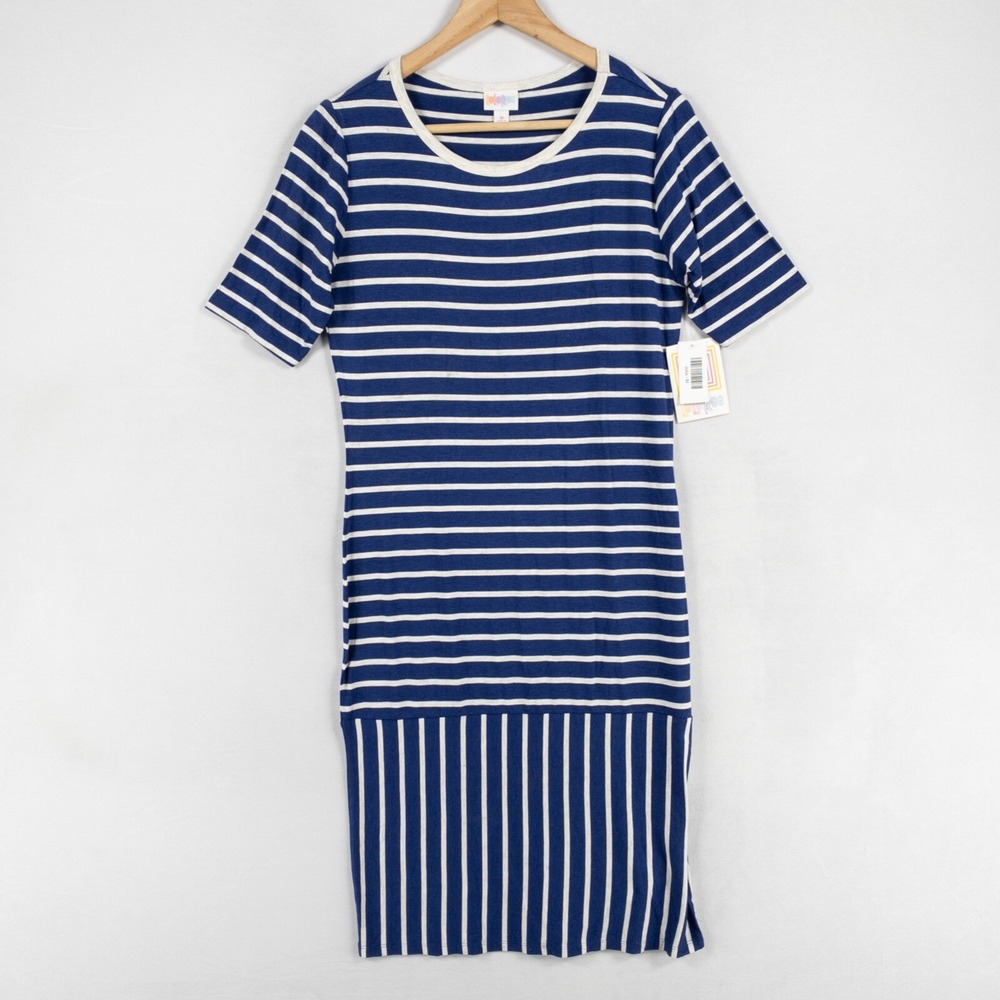 LuLaRoe Dress Sz Medium Blue Gray Stripe Julia Stretch Knit Sheath Rayon Spandex